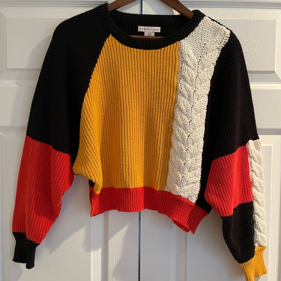 Sincerely Jules ColorBlock Cropped Sweater Black Yellow Orange Cream Small - Picture 2 of 12